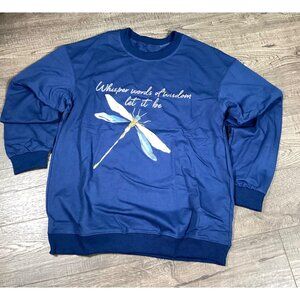 Navy Blue Crewneck Sweatshirt "Whisper Words Of Wisdom" Dragonfly Graphic New L